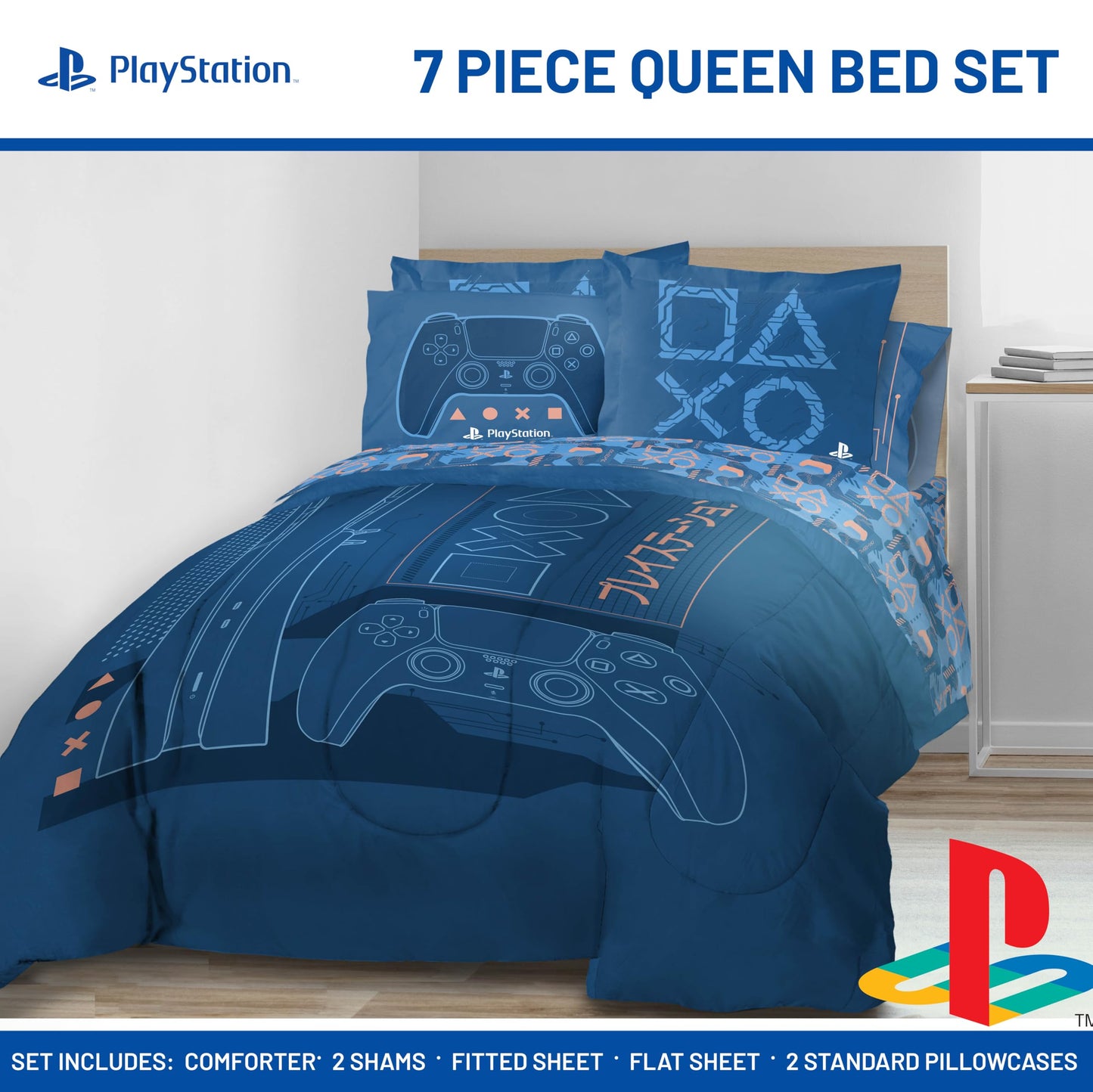 Jay Franco Kids Bed Set, Blue, PlayStation, 7 Piece Queen