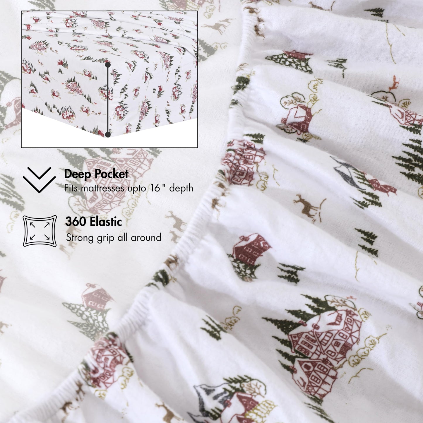 RUVANTI Flannel Sheets Queen Size - 100% Cotton Double Brushed Bed Sheets, Deep Pockets 16 Inches Queen Sheet Set, All Seasons Breathable & Extra Soft - Warm & Cozy, 4 Piece, Hilly Huts
