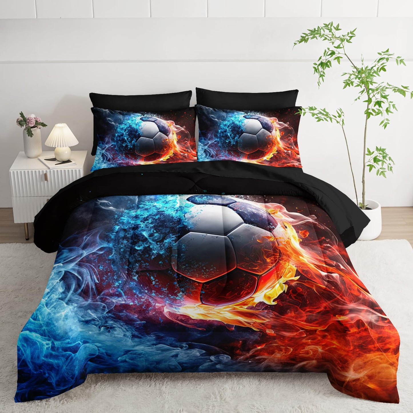 XYNHML Soccer Print Comforter 7Pcs Gaming Sport Soccer Bedding Set for Kid Teen Girl Boy Adult Ball Sports Games Ice Fire Football Quilt Bed Set Twin with 2 Sheets,2 Pillowcases,2 Throw Pillow Covers