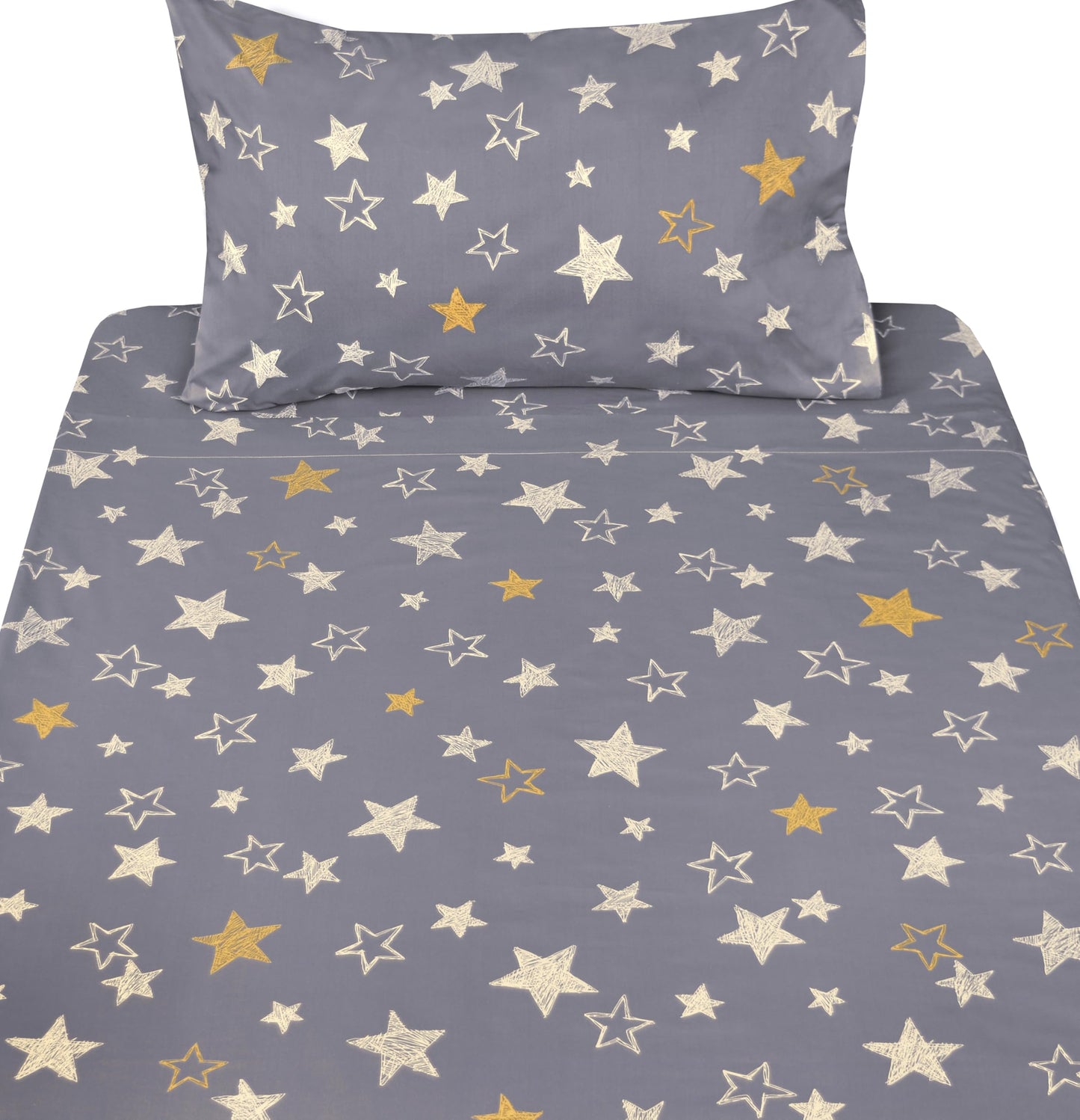 J-pinno Twinkling Stars Yellow Silvery Grey Hand Drawn Cute Cartoon 100% Cotton 3 Pieces Twin Sheet Set for Kids Boys Children Flat Sheet + Fitted Sheet + Pillowcase Bedding Decoration Gift Set