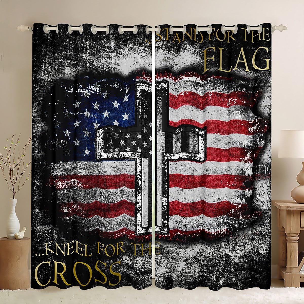 Erosebridal American Flag Blackout Curtains for Teen Boys Camo Black White USA Flag Curtains for Bedroom, The Cross Theme Curtains & Drapes Religious Patriotic Style Window Curtains 42''Wx63''L