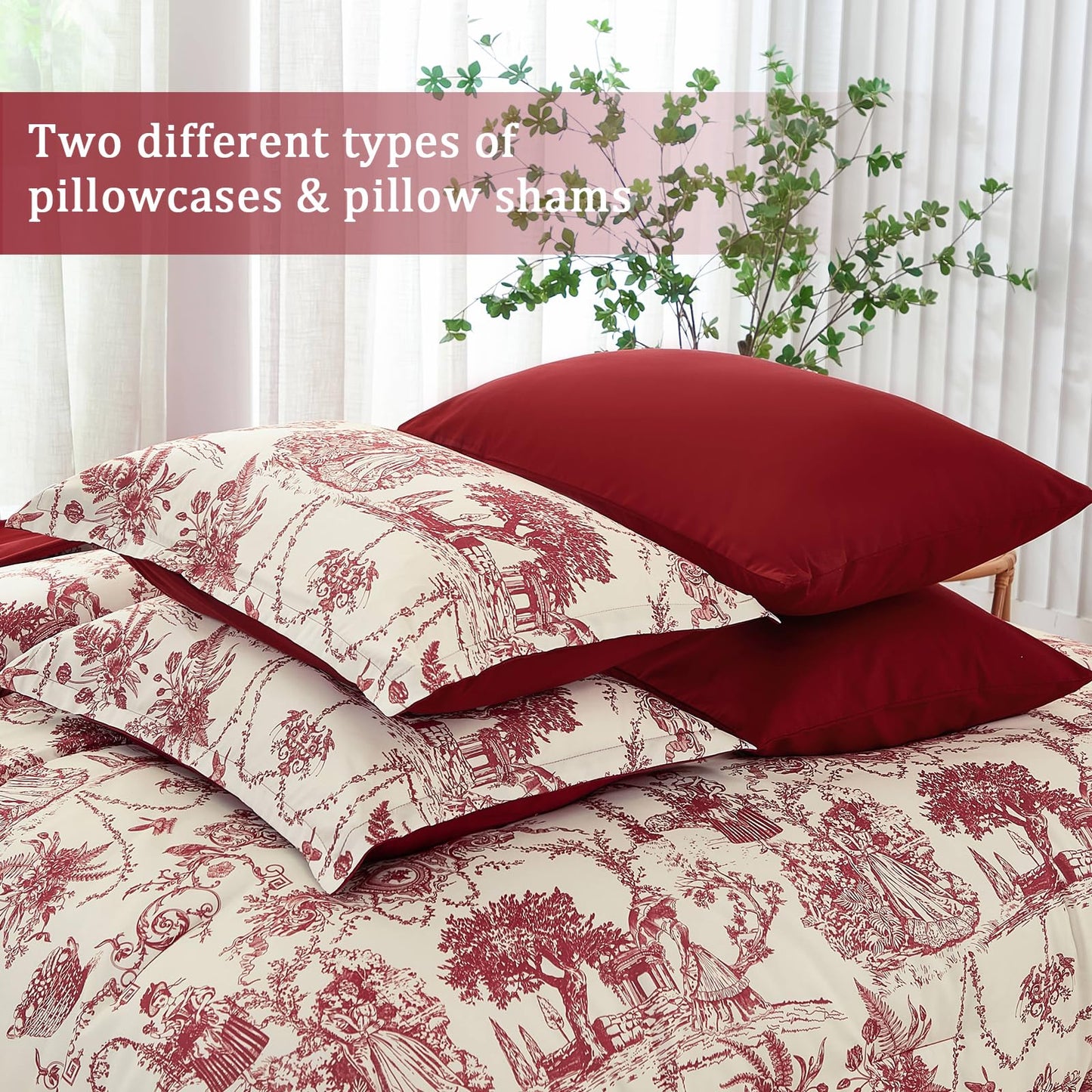 Red Comforter Set Queen 7 Piece Bed in a Bag Toile de Jouy Botanical Comforter with Sheet Set Soft Micorfiber Bedding Set (1 Comforter,2 Pillow Shams,1 Flat Sheet,1 Fitted Sheet,2 Pillowcases)