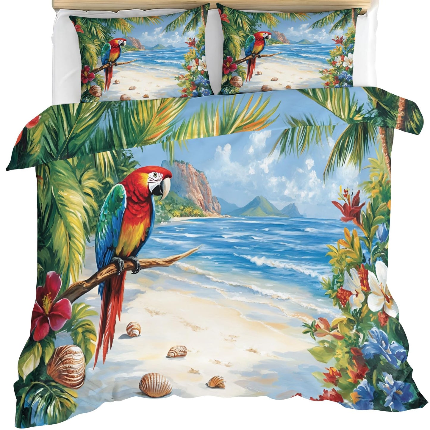 GKPLY Tropical Parrot Duvet Cover Queen, Coastal Ocean Bedding Set, Jungle Artwork Comforter Cover with Zipper & Ties, 3 Pieces Reversible Summer Bedding, 2 Pillowcases