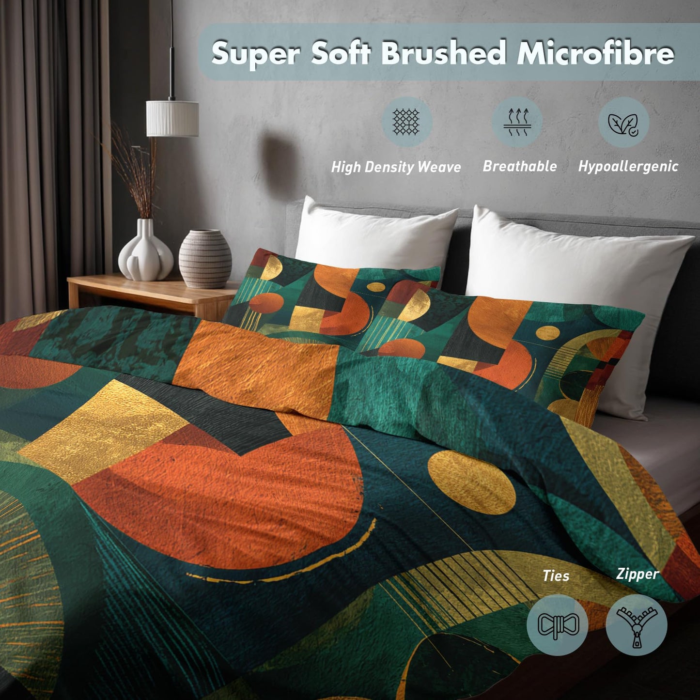 Abstract Geometric Queen Duvet Cover Set 3 Piece, Retro Modern Art Reversible Bedding with 2 Pillow Shams, Zipper & Ties, Ultra Soft Microfiber, Geometric Bedroom Decorations 50A-T