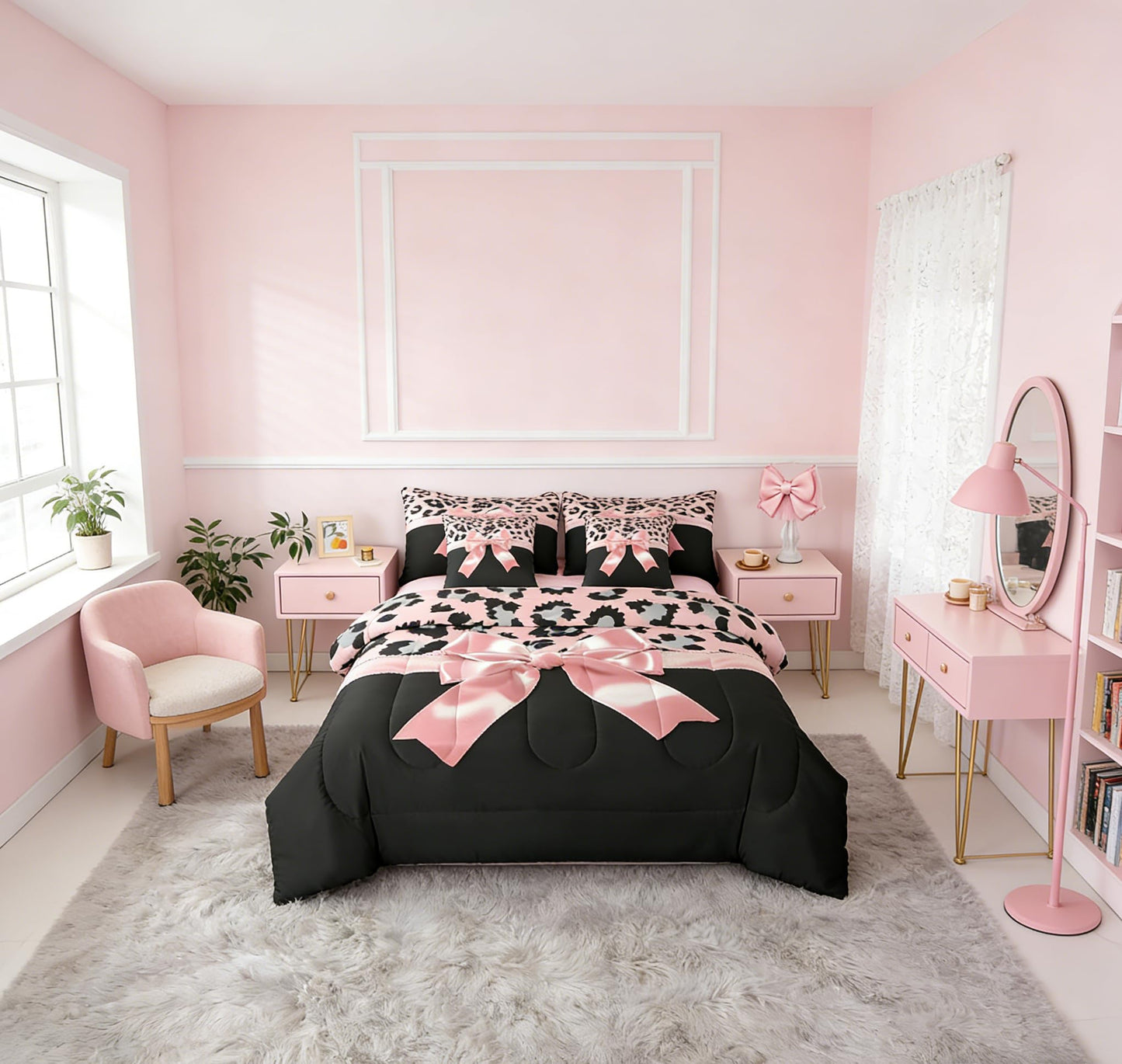 Feelyou Pink Silk Bowknot 7 Piece Bedding Set Queen Size Grey Leopard Comforter Set with Sheets for Kids Girls Women Black Pink Bed in a Bag Sweet Romantic Bed Set