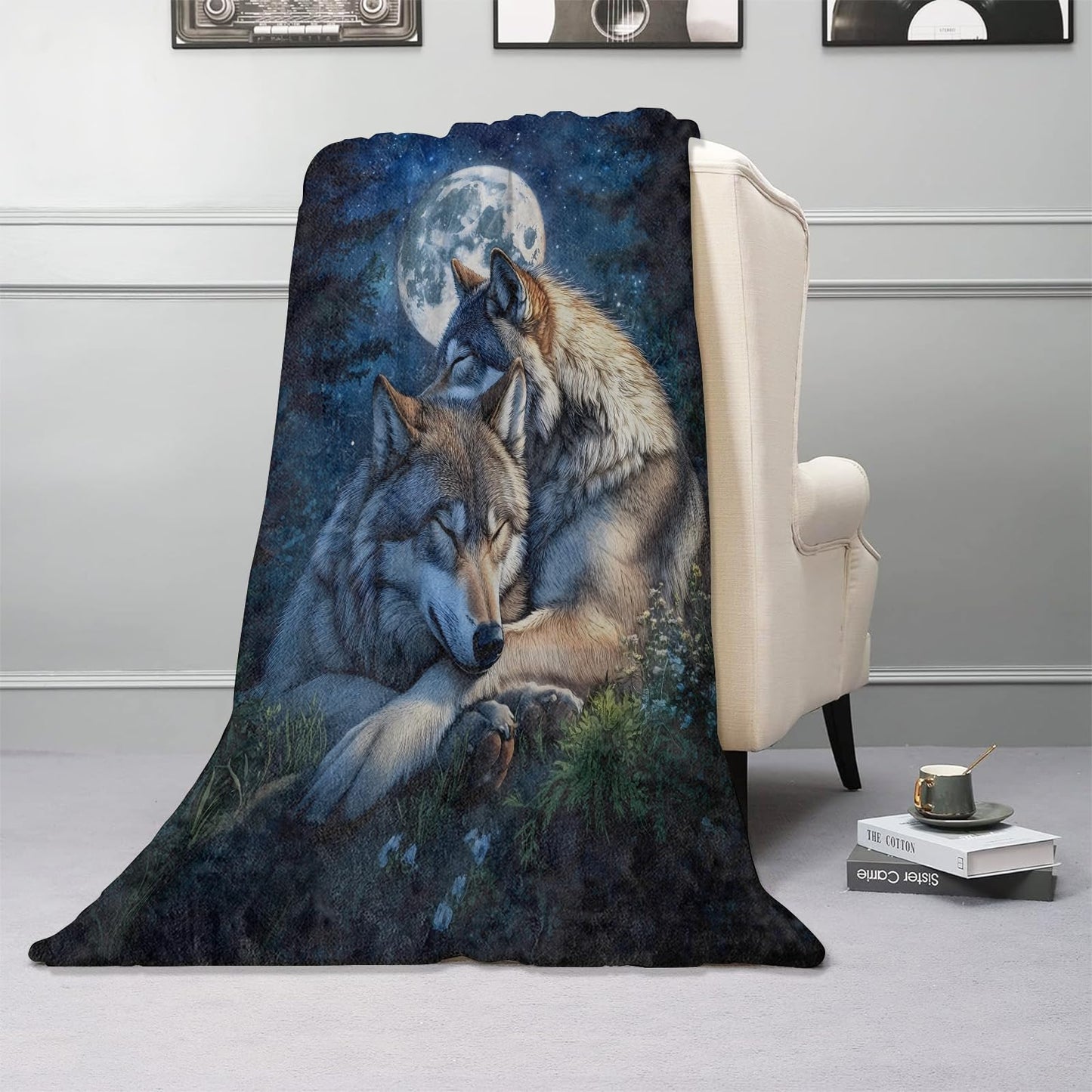Kibue Sleeping Wolf Blanket - Soft & Cozy Warm Flannel Throw, Full Moon Design - Lightweight Plush Blankets for Travel, Sofa, Bedroom, Office - Gifts for Women Adults Kids - for All Seasons 60"×50"