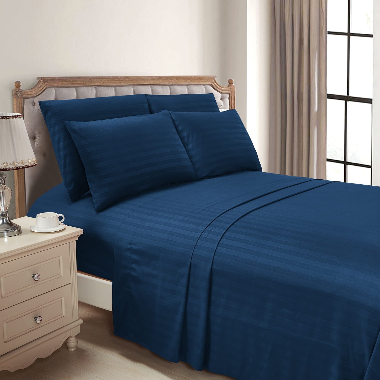 Mocassi Queen Stripe Sheet Set - Luxury Hotel 1800 Premier Bedding Sheets & Pillowcases - Ultra Soft Breathable & Cooling Bed Sheets - Wrinkle Resistant - 6 Piece Set - Queen, Navy Blue