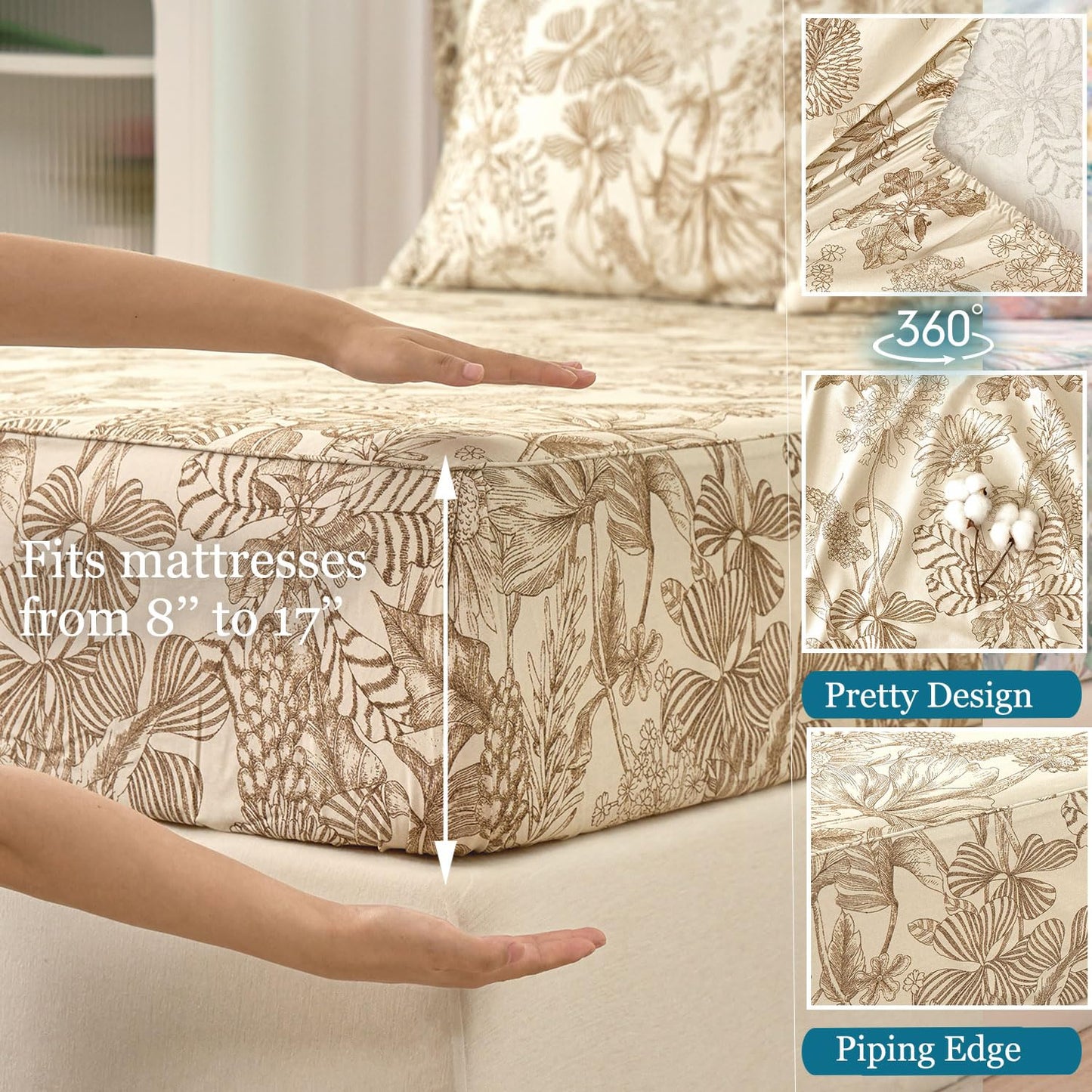 Zusbest Beige Queen Sheet Set 400TC 100% Cotton Flannel-Like Warm Luxury Brown Toile Floral Bed Sheets 4Pc Deep Pocket 17.5‘', Botton Pillowcases Double Brushed Extra Soft Breathable, French Country
