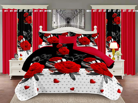 Elegant Red Rose Floral King Light Comforter Set, Luxury 9-Piece Bed in a Bag King Bedspread with Matching Curtains Ultra Soft & Breathable Botanical Bedding, All-Season Decor for Master Suite