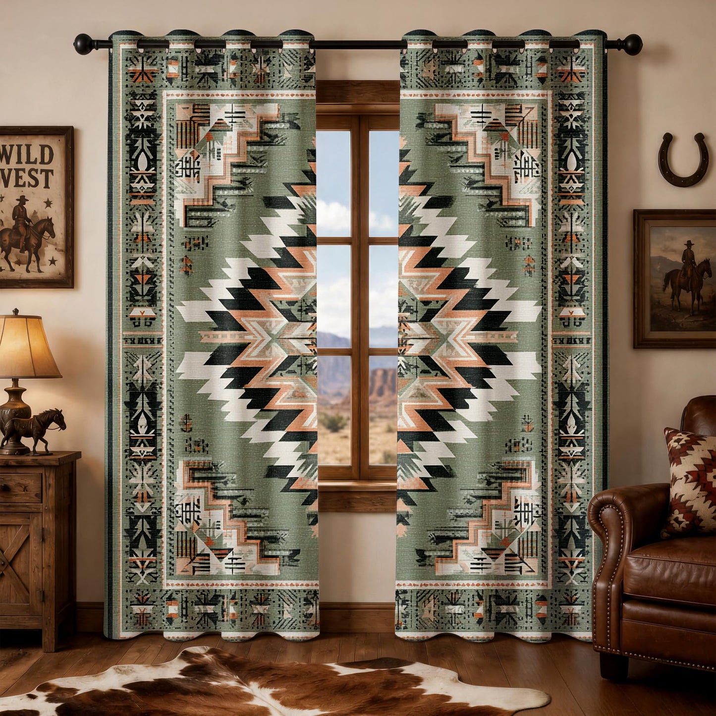 Aztec Patterned Curtains Blackout, Thermal Insulated Room Darkening Grommet Drapes for Kitchen, 45 Inch Curtains 2 Panel Set, Southwestern Green Aztec Tribal Navajo Window Treatments