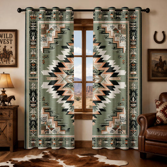 Aztec Patterned Curtains Blackout, Thermal Insulated Room Darkening Grommet Drapes for Kitchen, 45 Inch Curtains 2 Panel Set, Southwestern Green Aztec Tribal Navajo Window Treatments