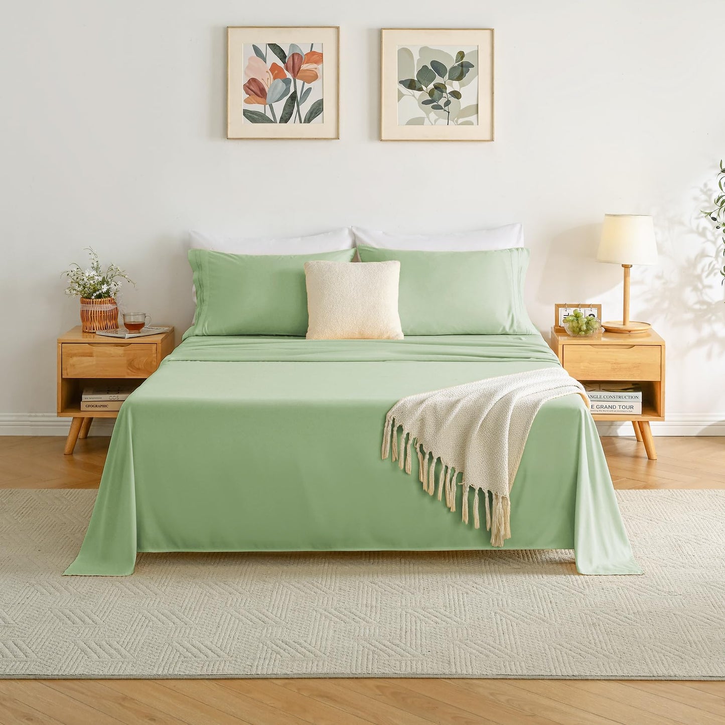 Yibeizi Sage Green Sheet Set Full Size, Kids Bedsheets Microfiber Deep Pocket Cute Bed Sheet & Pillowcase Sets 4 Pieces