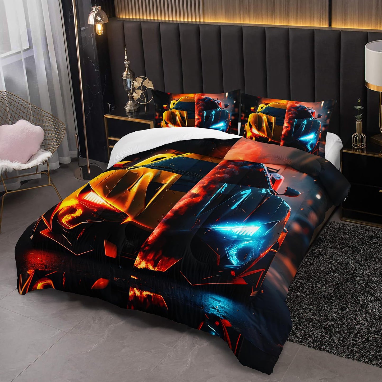lneffble Boys Comforter Set Twin Size Race Car，Kids Twin Size Blue and Red Race Car Bedding Set，Race Car Quilt Twin with 1 Comforter with 2 Pillow Case，Kids Race Car Themed Bedroom Decor for Boys