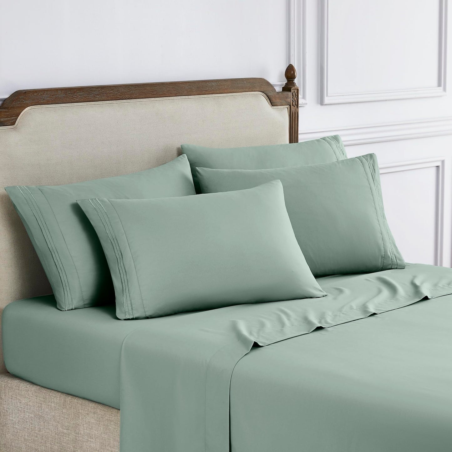 Modern Threads 6-Piece Bed Sheet Set - Deep Pocket, Soft Brushed Microfiber Sheets, Cool & Breathable for Mattress Up to 21 Inches, Includes 4 Pillowcases, Flat & Fitted Sheets, Aloe Queen