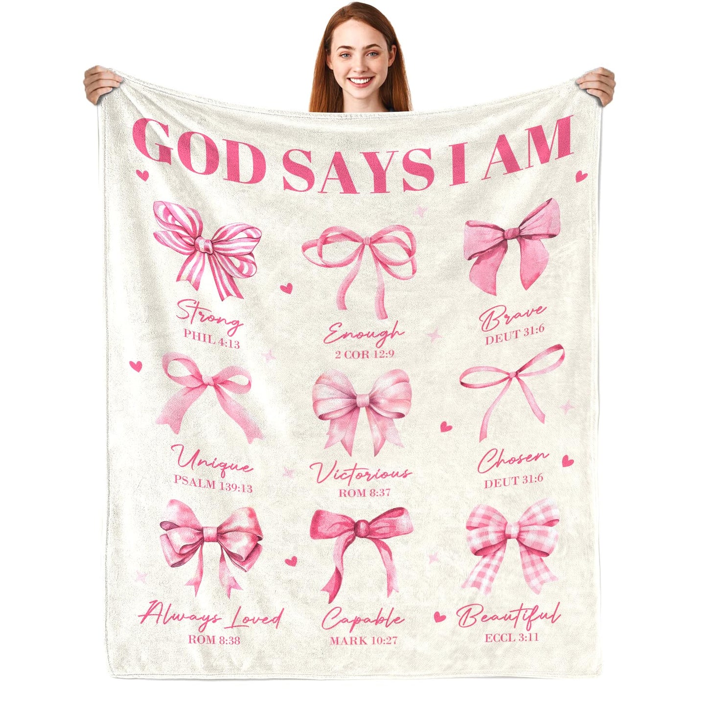 Christian Gifts for Women, God Says I Am Throw Blanket 50"X60", Inspirational Religious Birthday Gifts for Coquette Pink Bow Bible Verse Blanket, Christian Faith Jesus God Prayer Gift for Christmas