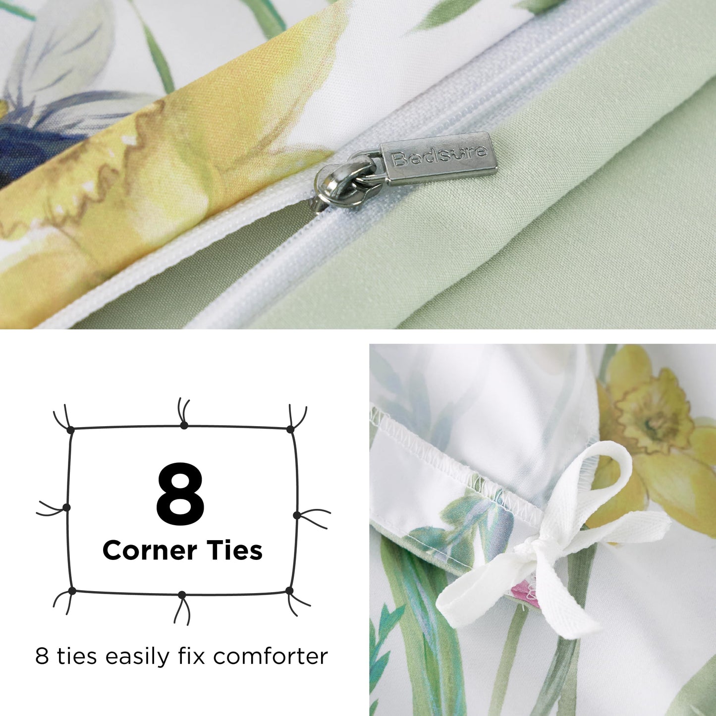 Bedsure Duvet Cover King Size - Reversible Floral Patterned Duvet Cover Set with Zipper Closure, 3 Pieces Green Bedding Set with 8 Corner Ties and 2 Pillow Shams 20"x36"