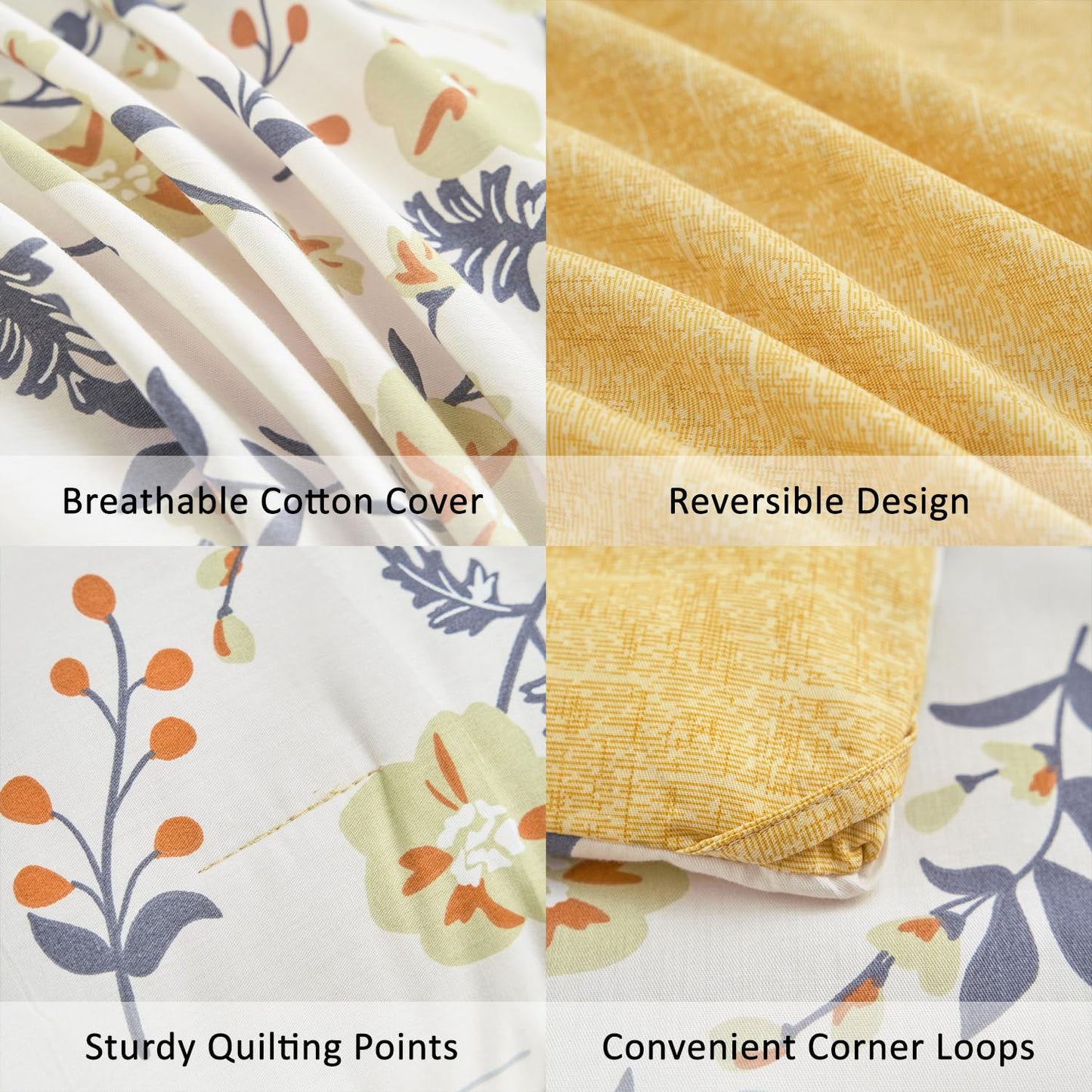 LEMIROE Yellow Floral Cotton Comforter King Size - Orange, Blue & Slate Gray Botanical Pattern on Off White, Reversible Design, 3PC Lightweight Bedding Set with Soft Alternative Fill (King)