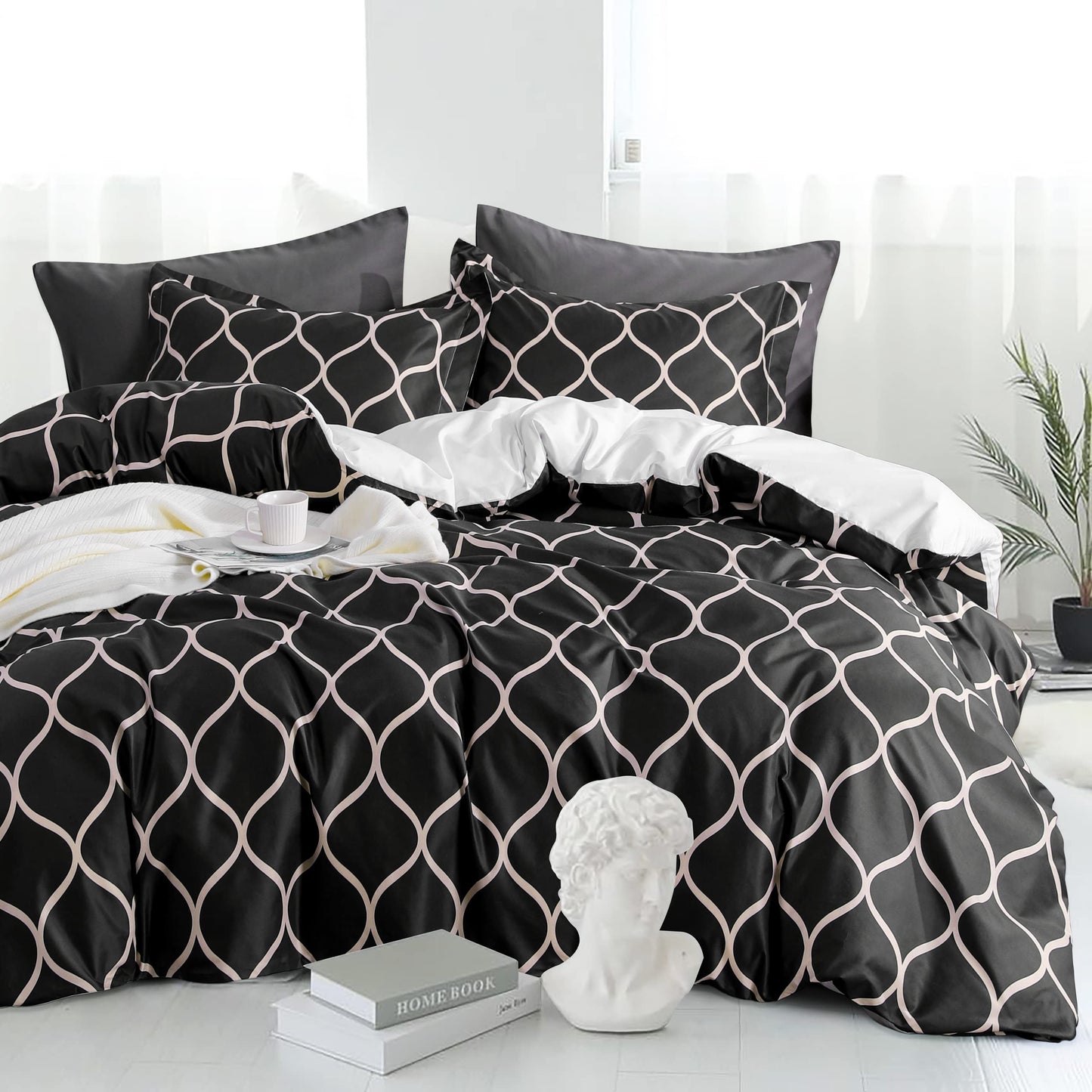 organictune Duvet Cover Twin Size, Curve Pattern Duvet Cover Set with Zipper Closure, 2 Pieces Black and White Bedding Set with Corner Ties and Pillow Shams