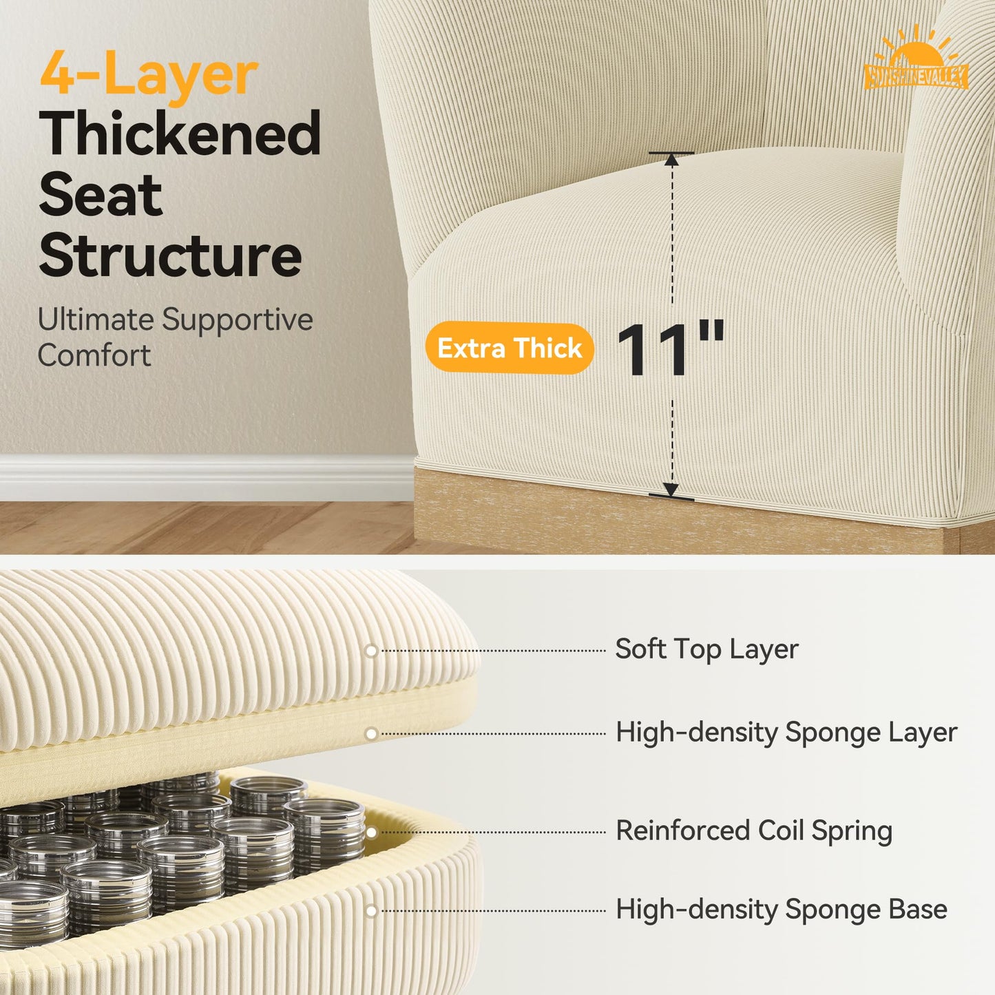 SUNSHINE VALLEY Swivel Accent Chair, High-Back Barrel Chair with Reinforced Hardwood Frame, 360°Swivel for Living Room, Armchair with 400 lbs Capacity, No Assembly Required, Off-White