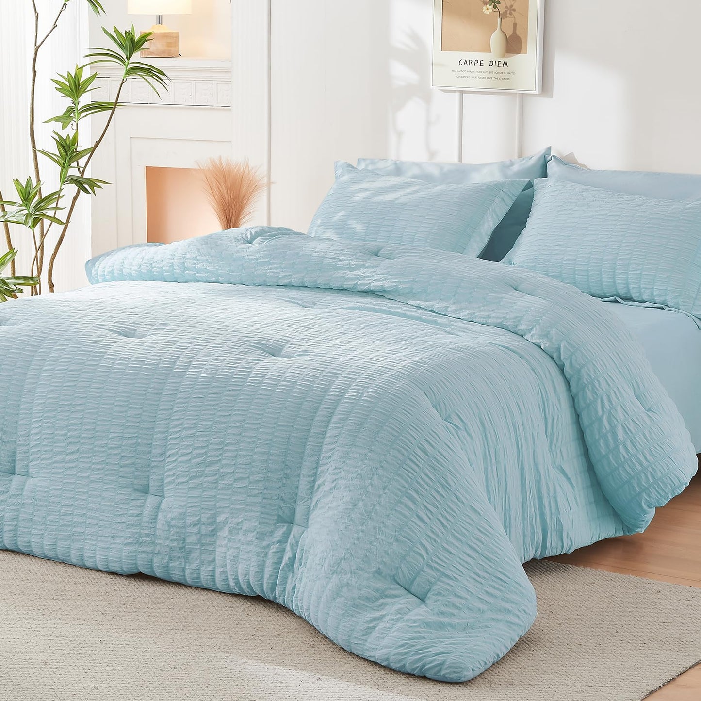 HYMOKEGE Lake Blue Oversized Queen Comforter Set Seersucker 7 Pieces, All Season Luxury Bed in a Bag for Bedroom, Bedding Set with Comforter, Sheets, Pillowcases & Shams