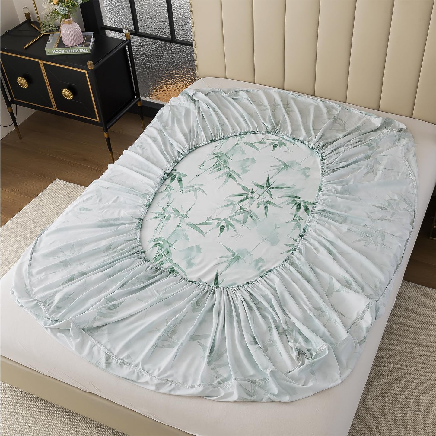 FADFAY Twin Size Sheet Set, 70% Viscose Derived from Bamboo, 30% Cotton 4 Pieces Country Style Green Leaves Print Bedding, Deep Pocket Fitted Sheet