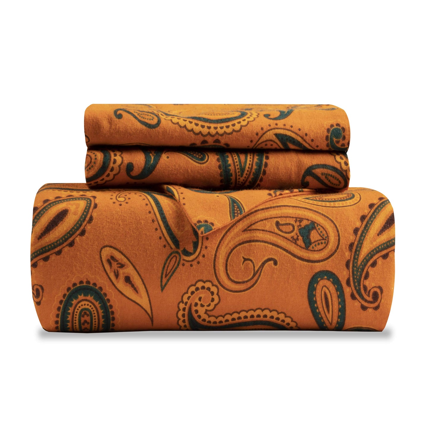 Superior Paisley Flannel Cotton Duvet Cover Set, Warm Fuzzy Comforter Cover, Cozy Soft Floral Bedding Essentials, Secure Button Closure, Includes 1 Duvet Cover, 2 Pillow Shams, Full/Queen, Pumpkin