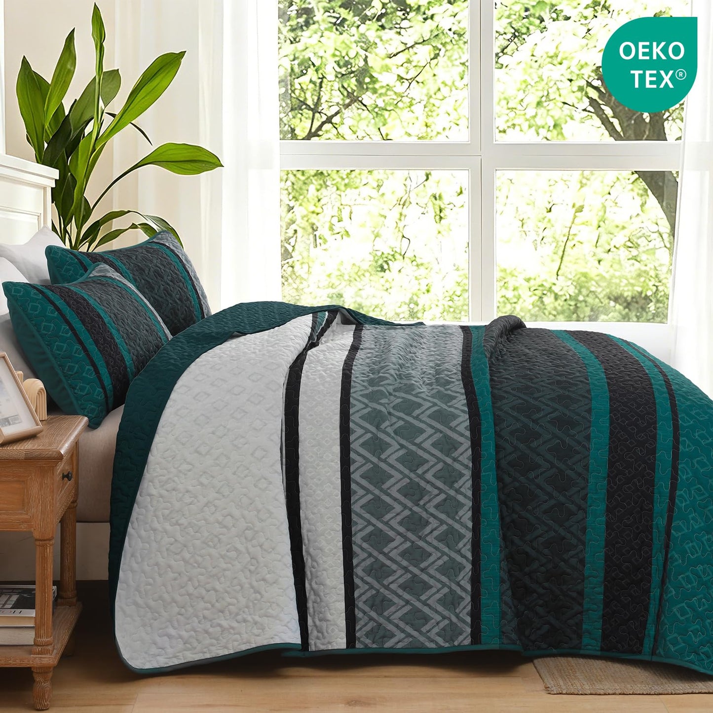 Dinjoy Boho Queen Quilt Set, Soft 3 Pieces Striped Bedspreads, Dark Green Bedding Sets Micofiber Lightweight Quilts with 2 Pillow Shams Coverlet Bed Sets for Women Men 96''x90''
