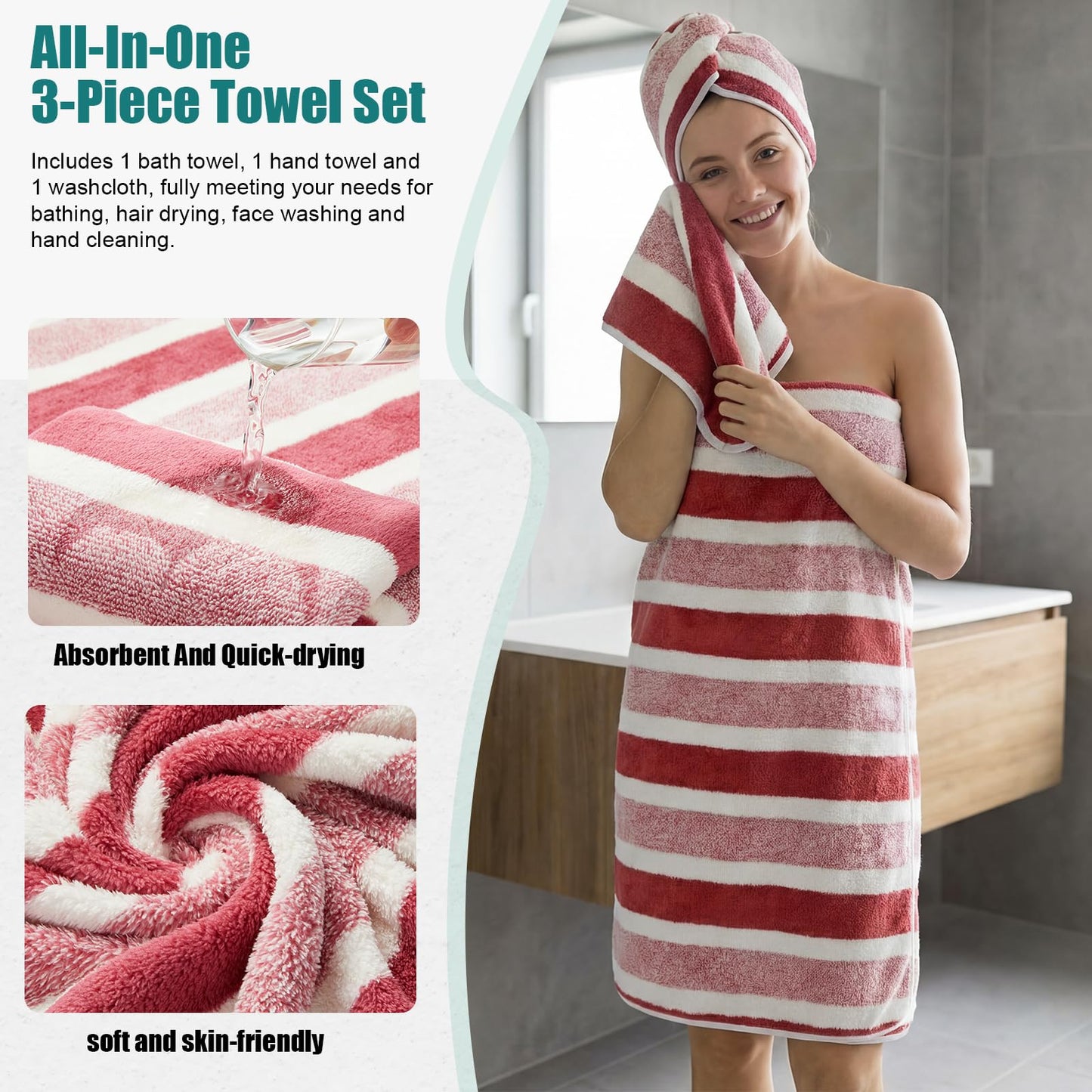 Newwiee 12 Pcs Stripe Bath Towel Sets Microfiber Bathroom Sheet Set Included 4 Highly Absorbent Soft Quick Dry Shower Bath Towels 4 Hand Towels 4 Washcloths for Bathroom, Hotel, Gym and Spa