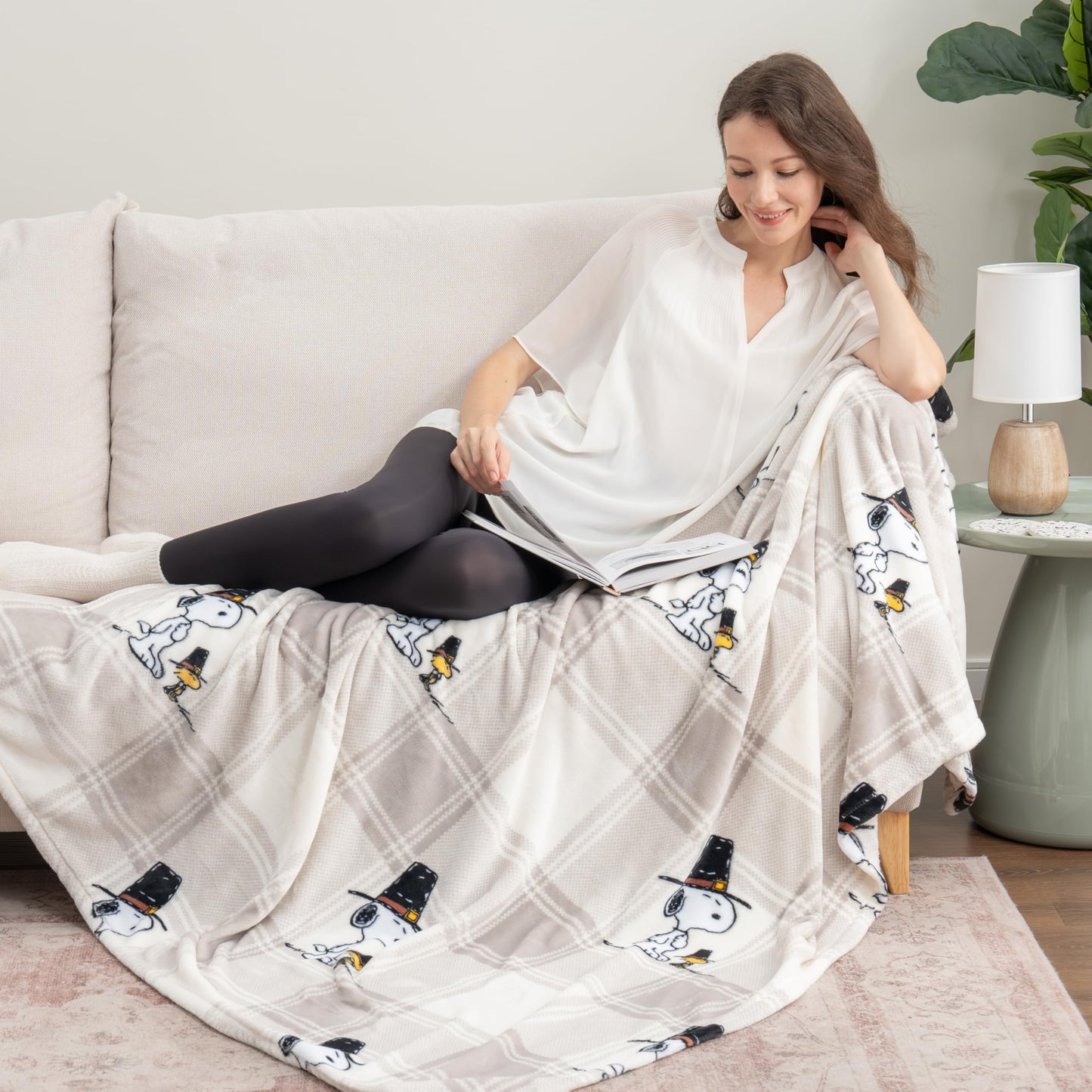 Berkshire Blanket Peanuts® VelvetLoft® Cute Character Snoopy Plush Throw Blanket,Lakeside Plaid Harvest Snoopy and Woodstock Grey,Throw 55 in x 70 in (Official Peanuts® Product)