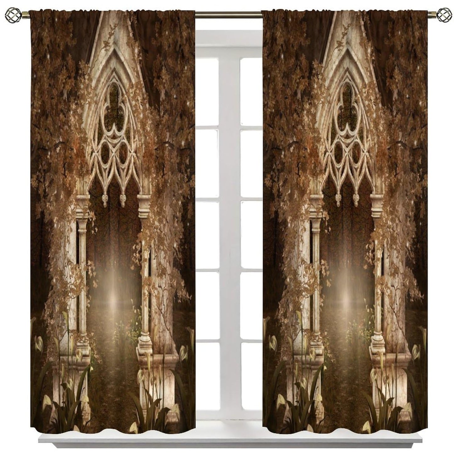 YCness Fantasy Nature Landscape Curtains, Golden Sparkle Gothic Fantasy Gate Magic Dreamland Fairy Window Treatments for Kitchen Living Room Bedroom Home, 2 Panels 42x45 Inch