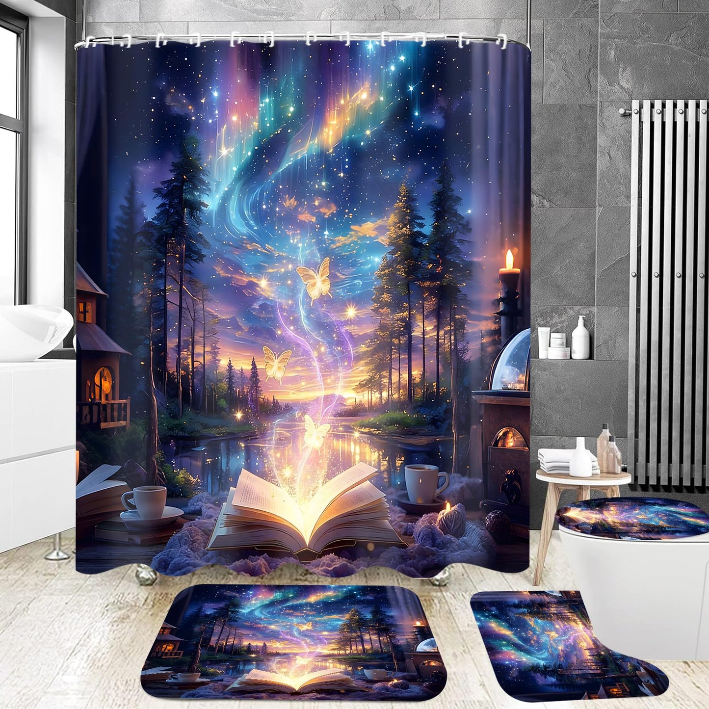 4Pcs Book Forest Starry Shower Curtain Sets with Non-Slip Rugs,Toilet Lid Cover and Bath Mat,Aurora Pattern Home Bathroom Decor Set Accessories Waterproof Shower Curtains with 12 Hooks,72 x 72 Inch