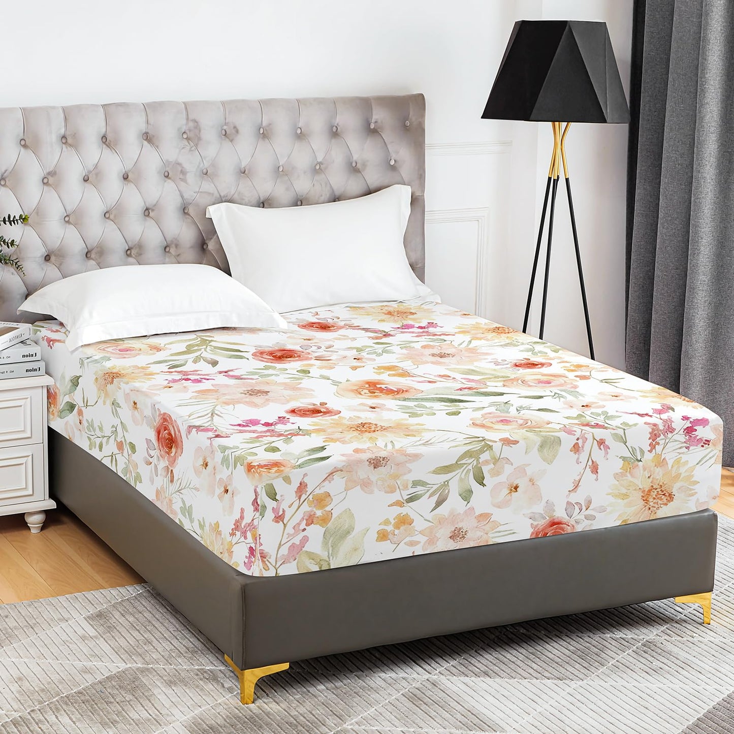 YIYEA Floral Fitted Sheet Only, Premium Double Brushed Microfiber Deep Pocket Fitted Sheet Queen Size, Ultra Soft Fitted Bottom Sheet, Shrinkage, Fade Resistant, Queen