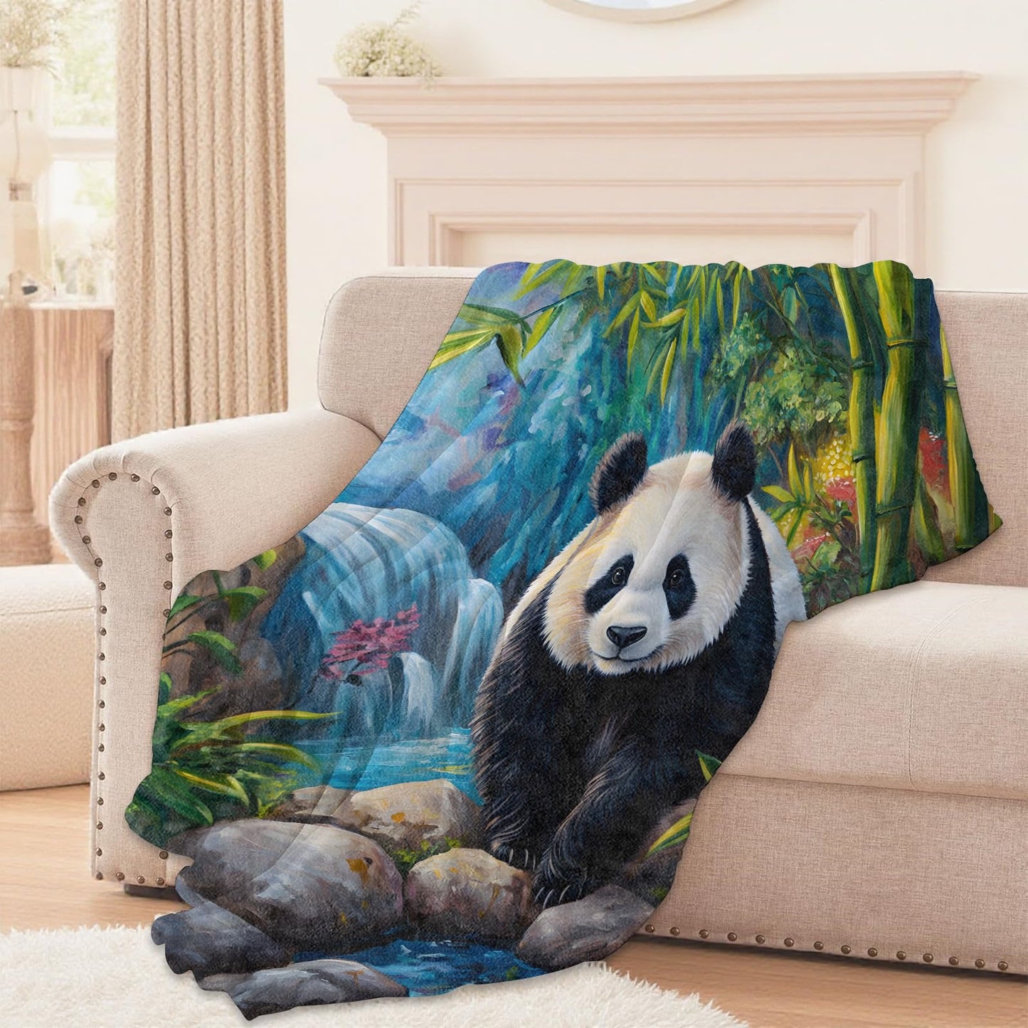 Lugiu Panda Blanket, Lightweight Comfy Waterfall and Forest Botanical Animal Throw for Couch Sofa Bedroom, Soft Cozy Travel Flannel Nature Cute Blankets Gifts for Girls Boys Kids, Home Decor 60×50in