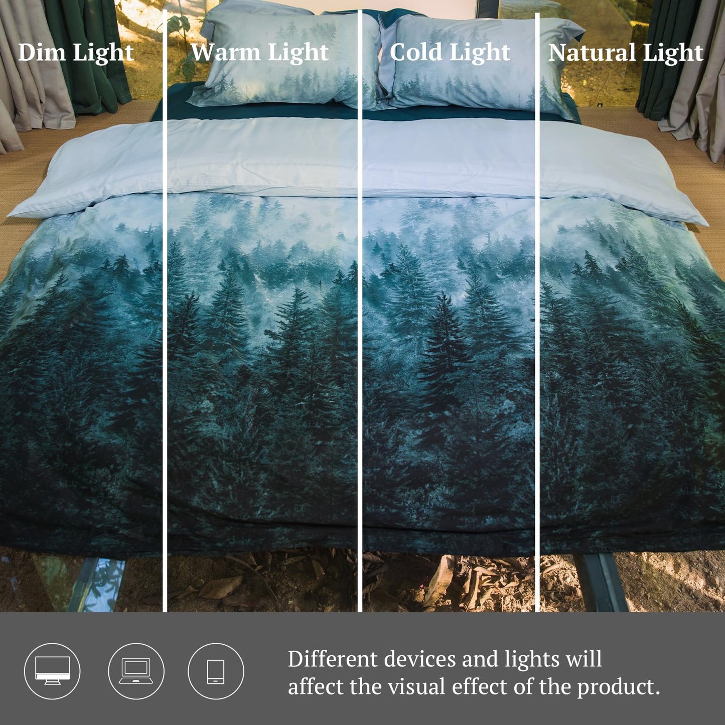 MILDLY 100% Long Staple Cotton Mountain Duvet Cover Set, Blue Green Gradient Trees Pattern Printed Comforter Cover Set