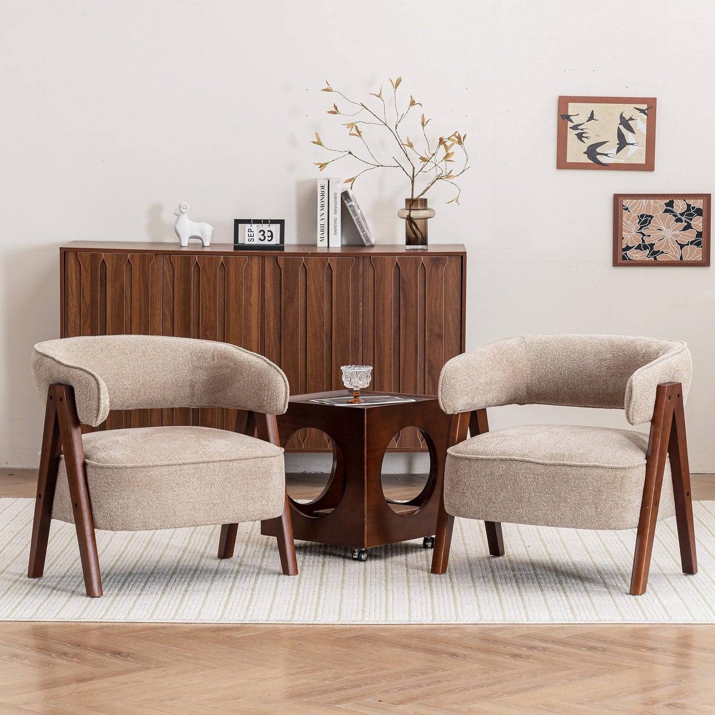 Rowill Boucle Accent Chair Set of 2, Round Upholstered Arm Barrel Chairs with Curved Backrest, Solid Wood Legs, Thick Cushion, for Living Room, Reading Nooks, Sunroom, Balcony, Bedroom, Brown