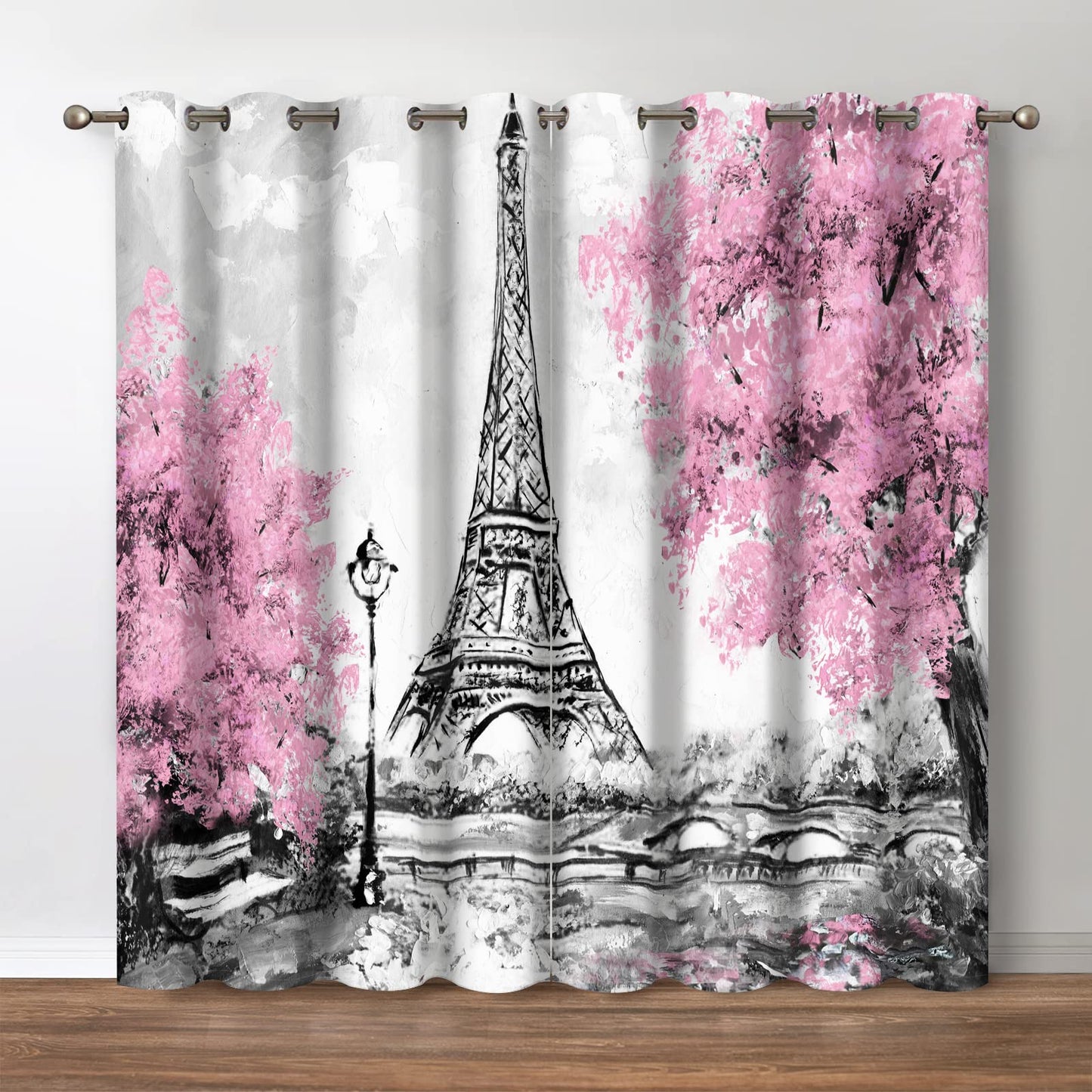 Jekeno Paris Eiffel Tower Blackout Curtains European City Scenery Pink Tree Black White Street Lights Print Decor Bedroom Living Room Darkening Grommet Window Drapes 2 Panel Set, 52"x 84"