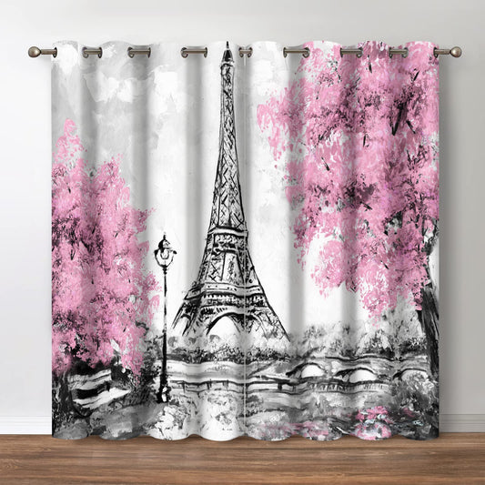 Jekeno Paris Eiffel Tower Blackout Curtains European City Scenery Pink Tree Black White Street Lights Print Decor Bedroom Living Room Darkening Grommet Window Drapes 2 Panel Set, 52"x 84"