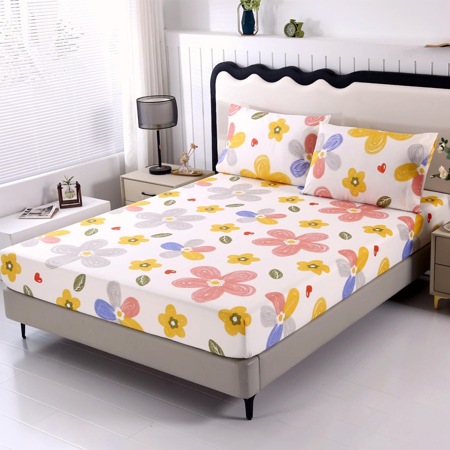 SDIII Colorful Floral Queen Fitted Sheet with 2 Pillowcases, Deep Pocket Soft Microfiber Queen Sheet Floral All Season