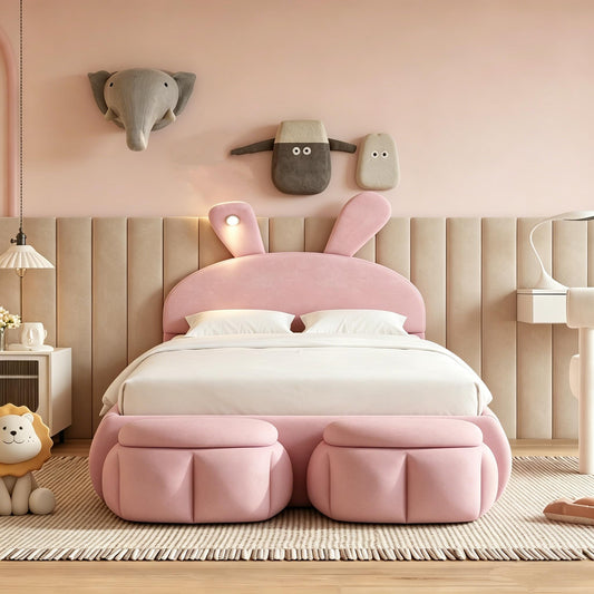 Merax Full Size Upholstered Platform Bed, with 2 Storage Stools, Cute Cartoon Ears Shaped Headboard, with a LED Light, Pink