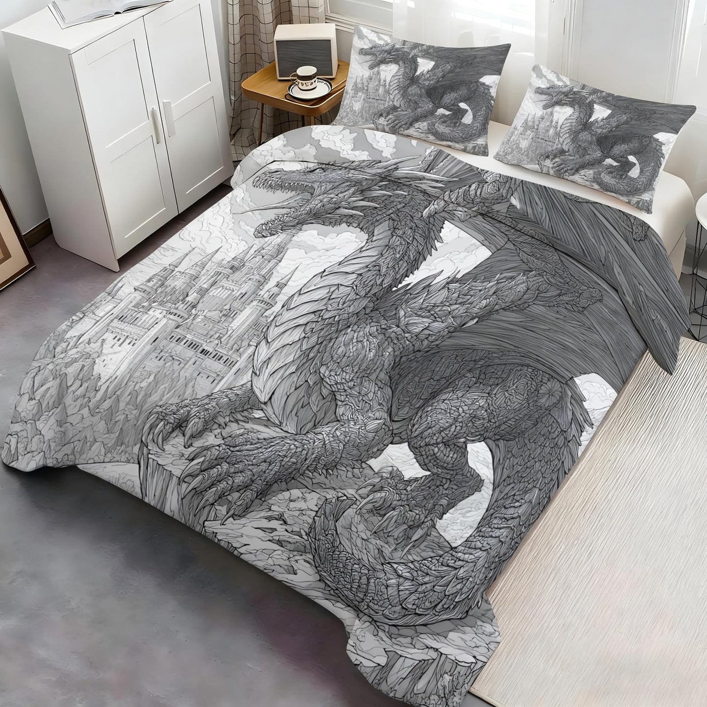 Dragon Duvet Cover Set Twin Size for Teen Boys Adult, Black and White Line Art Dragon Bedding Sets 3 Pieces Bedroom Decorative Bedspread for Men, Fantasy Art Animal Duvet Cover with 2 Pillowcases