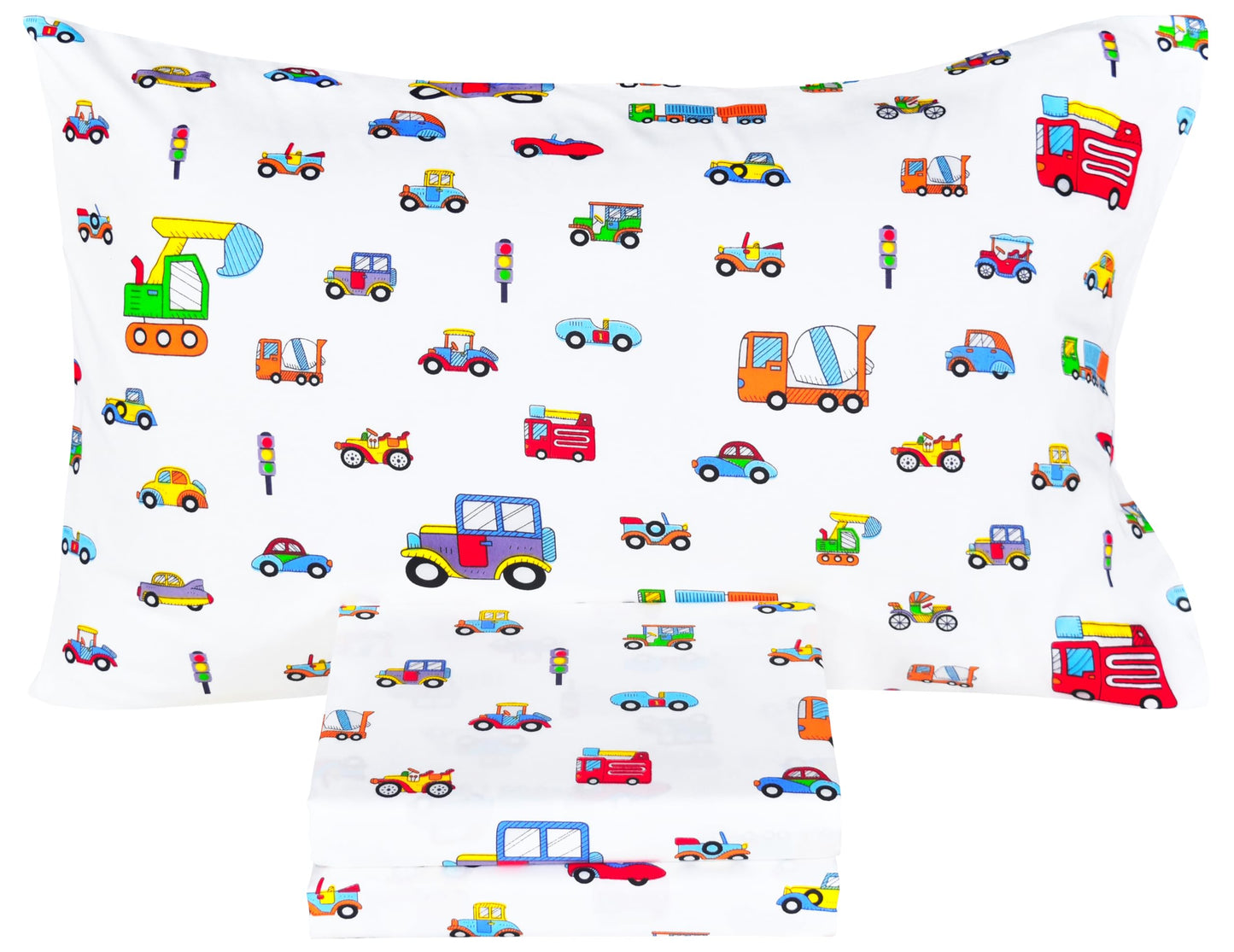 Scientific Sleep Little Cars Big Trucks Fire Cars Train Engineering Vehicle Cute Fun 100% Cotton Cozy Twin Bed Sheet Set, Flat Sheet & Fitted Sheet & Pillowcase Bedding Set