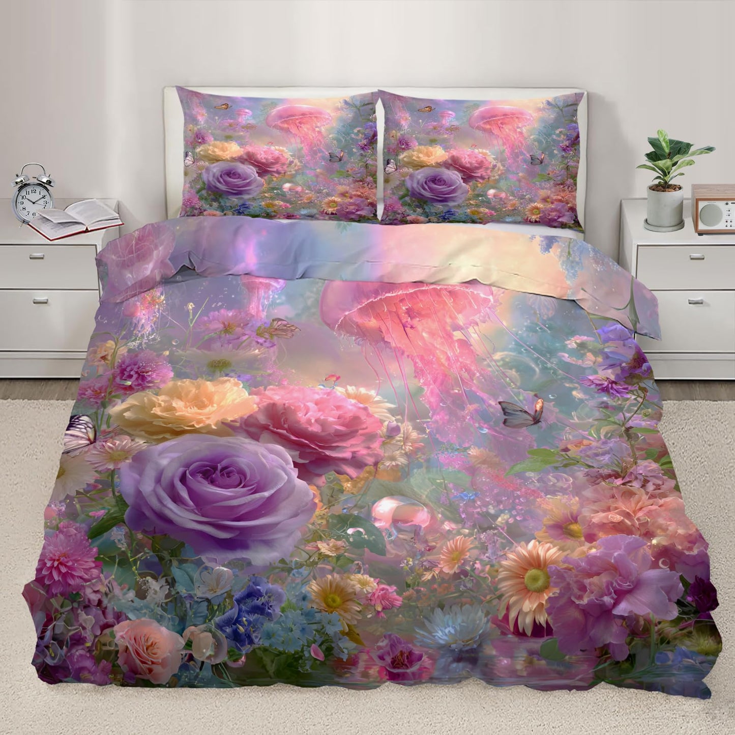 ZAOMIR Girls Floral Jellyfish Duvet Cover Set King for Women, Ocean Jellyfish Flower Garden Butterfly Bedding Set 3Pcs, Fantasy Style Pastel Pink Purple Comforter Cover with 2 Pillowcases