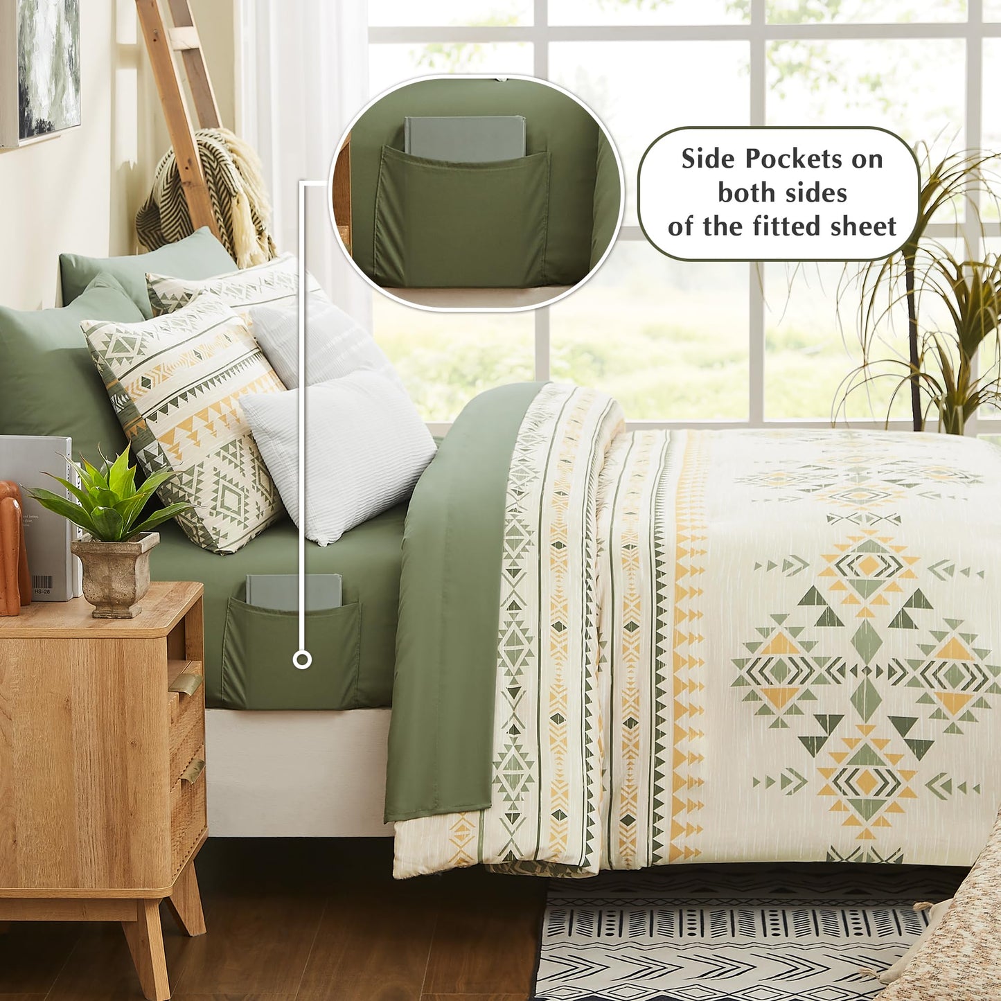 Geniospin King Size Comforter Set- 7 Pieces Boho Bed in a Bag, Western Bedding Set for All Seasons, Reversible Aztec Bedding, Lightweight Comforter Bed Set with Sheets, Pillowcases & Shams