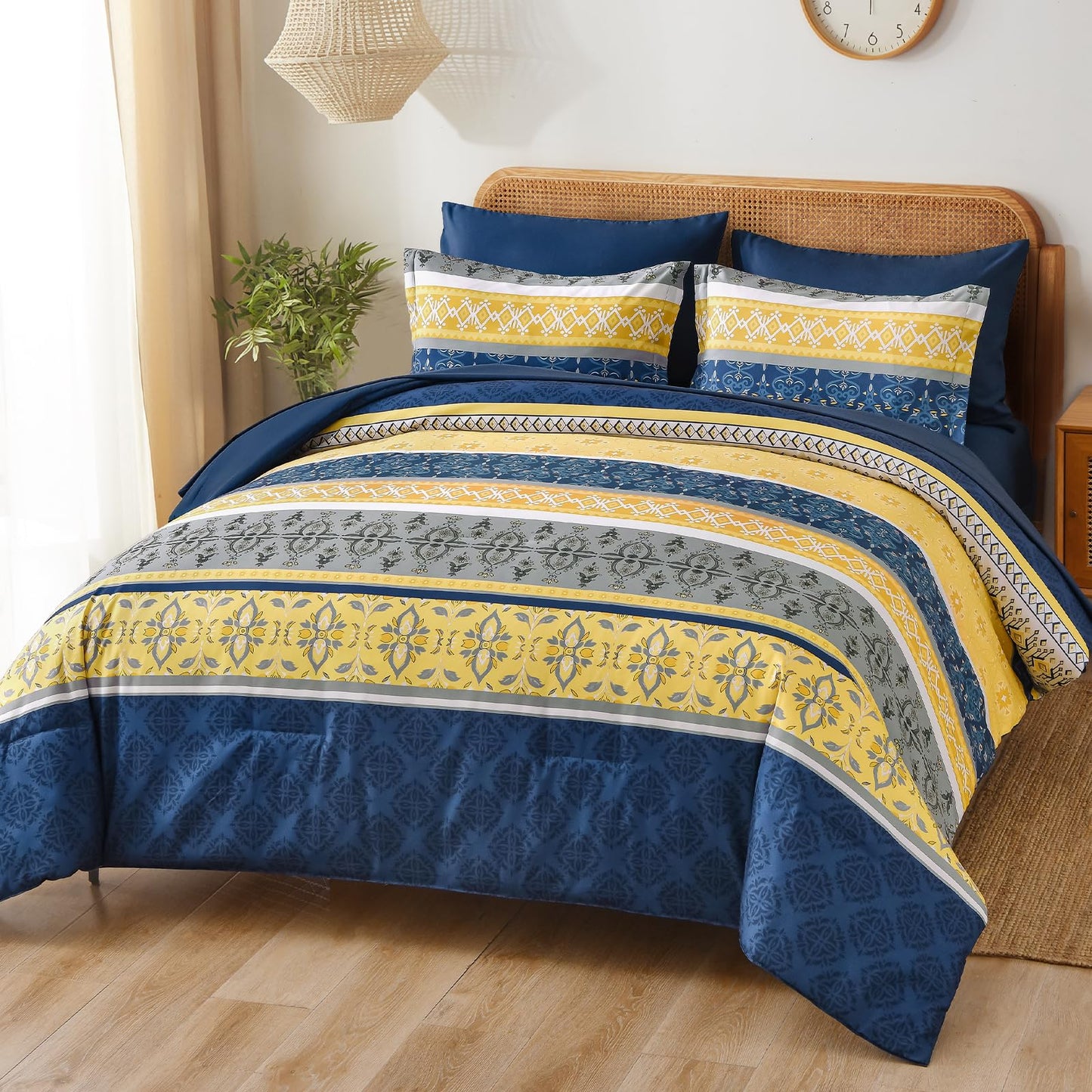 WONGS BEDDING Boho Comforters Set Queen, 7 Pieces Navy Blue and Yellow Comforter Sets Bohemian Bed in a Bag Striped Comforter Set Soft Microfiber Paisley Floral Comforter and Sheet Set for All Season
