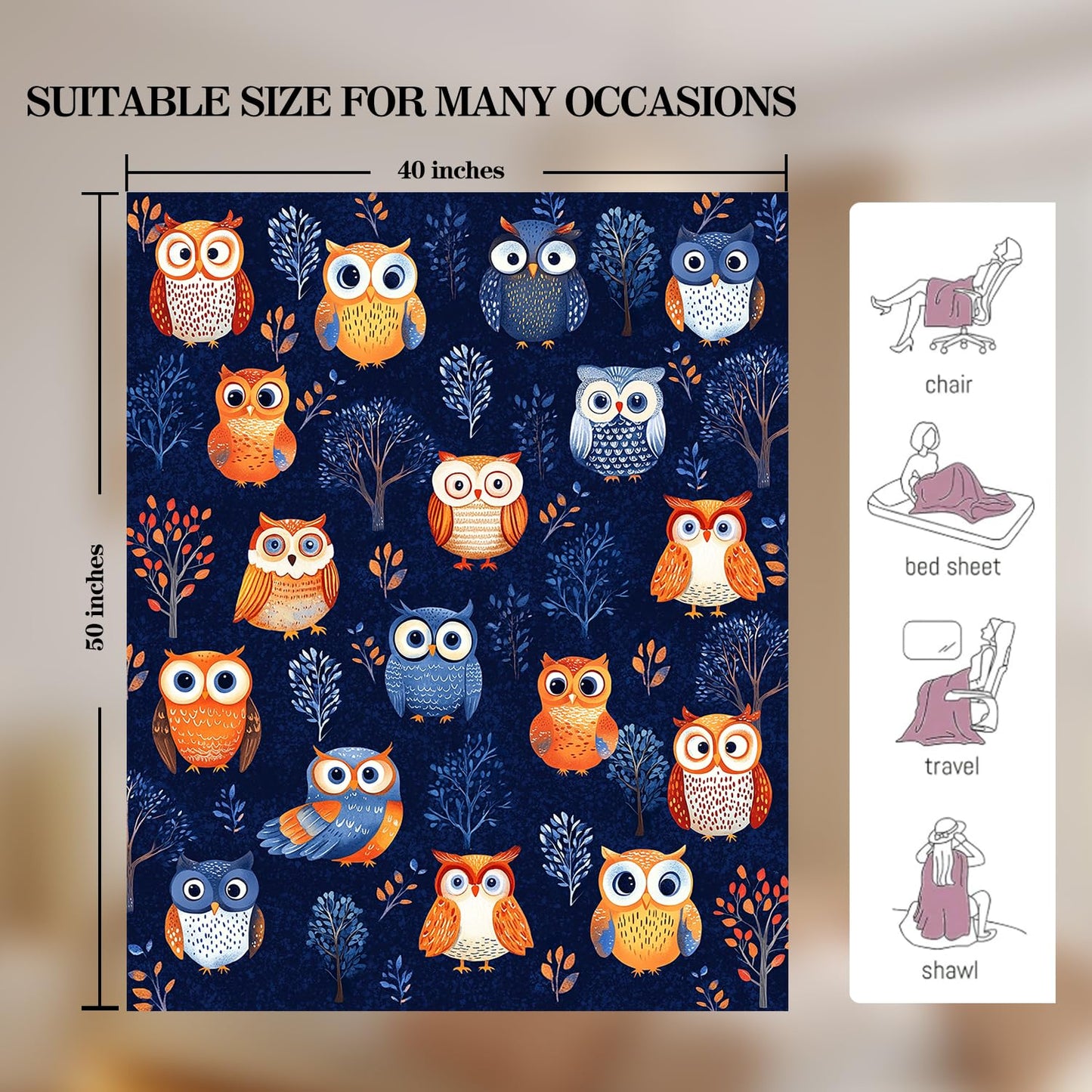 Cute owl Blanket owl Decor Cozy Animal Throw Super Soft Plush Flannel Fleece Blanket Gift for Kids Adults Men Women Ultra Warm & Lightweight Flannel, 50"X40"