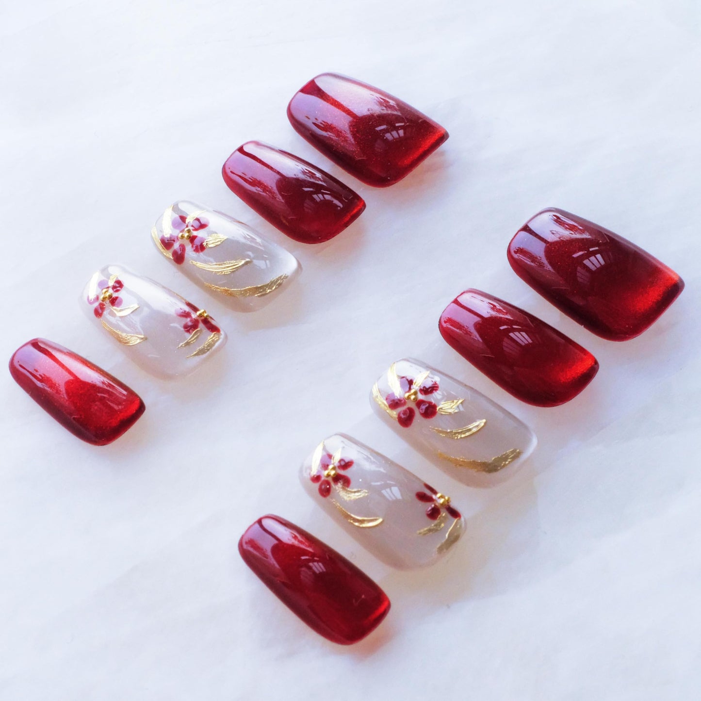 GLORS Press on Nails, Red Plum Embroidery Cat Eye False Nails with Gold Floral Design, medium ballerina Shape, 10 Pieces (Medium, MB)