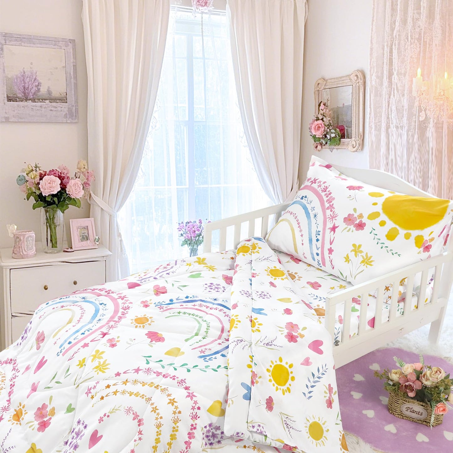 Pea Pod Toddler Bedding Set for Girls, 4 Piece Soft & Breathable Rainbow & Sun Crib Bedding Set, Bed-in-A-Bag Toddler Microfiber Sheet Set, Includes Comforter, Flat Sheet, Fitted Sheet, Pillowcase