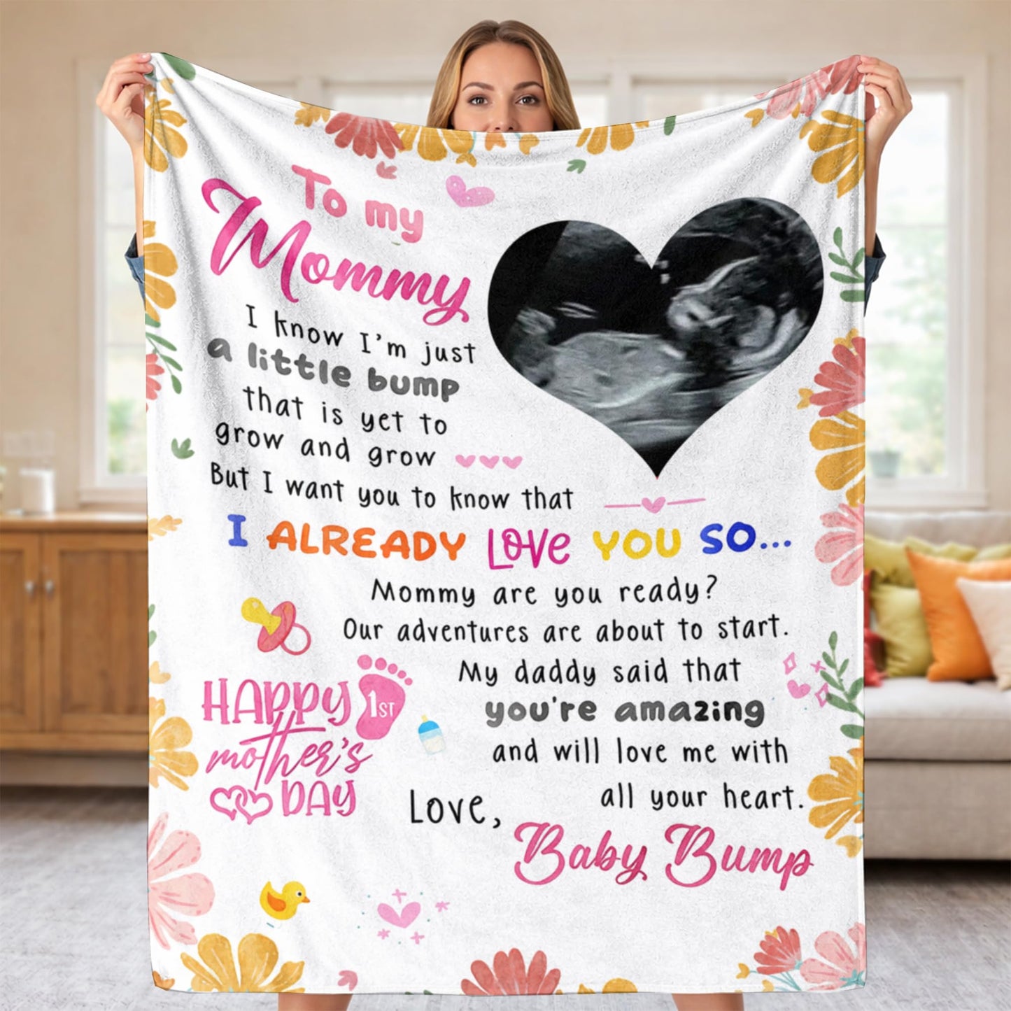 KiKiLuna Personalized Ultrasound Photo Heart Blanket, First for Pregnant Women, Pregnancy Announcement Flannel Throw, Baby Bump Message, 5 Color Background Options