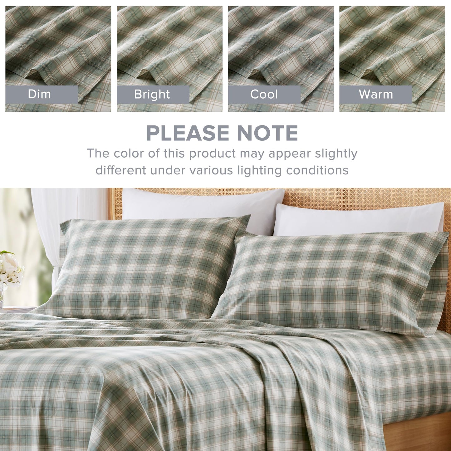 Comfort Spaces 100% Cotton Sheets Full, Breathable, Naturally Cool Cotton Sheets, Soft Cotton Bed Sheets with 14" Elastic Pocket Fits up to 16" Mattress, All Seasons Sheet Set, Wesley Green 4 Piece
