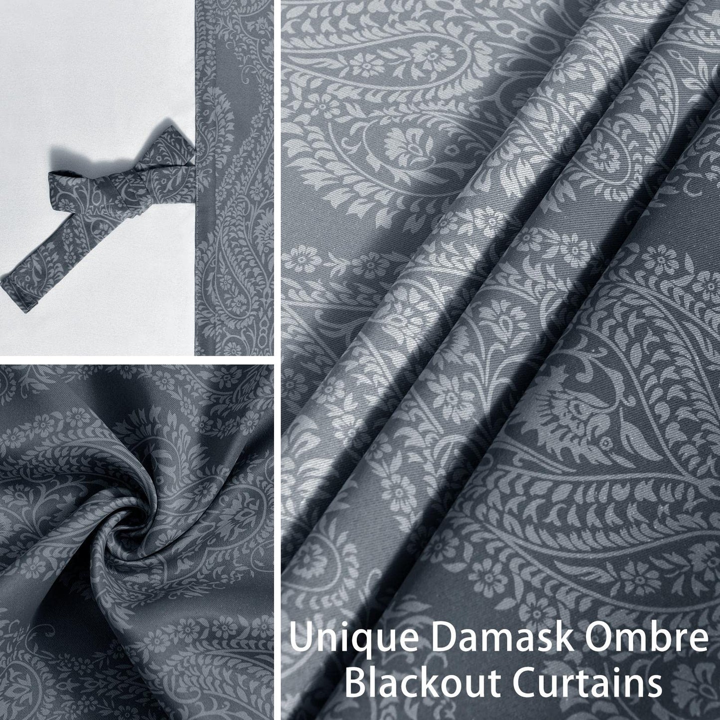 JIUZHEN Grey Ombre Blackout Curtains for Bedroom– Damask Patterned Thermal Insulated Noise Reducing Grommet Curtains with Tiebacks, 42 x 63 Inches, Set of 2 Window Curtain Panels